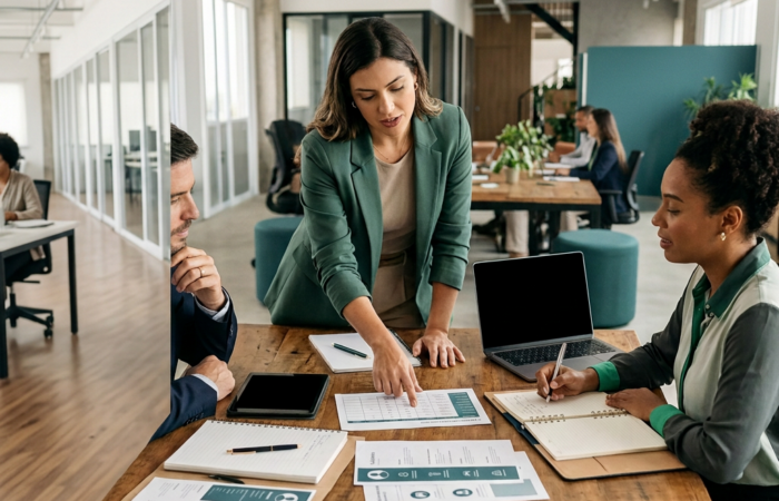 uma mulher está falando no telefone e tem um círculo azul ao redor do pescoço