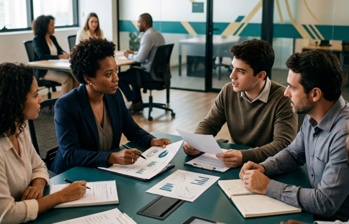 Empregada grávida levando mulher asiática no escritório de reunião para participar de entrevista de emprego com trabalhador de RH. Candidato com oportunidade de carreira sentado na sala de espera antes da nomeação do recrutamento.